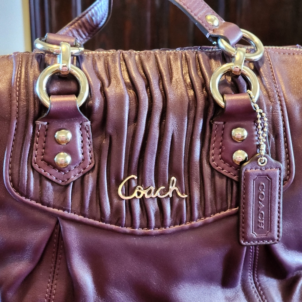 Coach Ashley Gathered Satchel All Leather Purse Bag Aubergine Purple - Picture 7 of 10